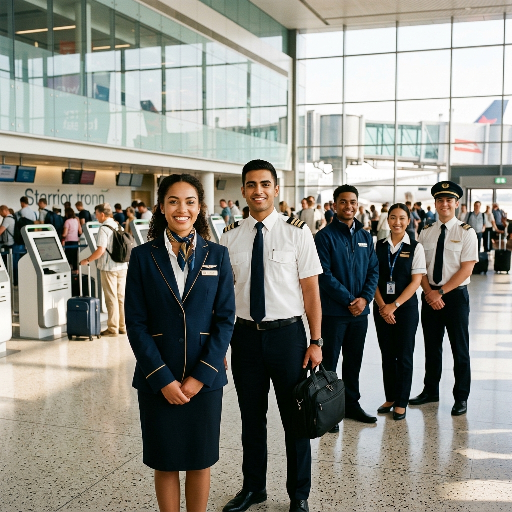 BBA Aviation & Travel program – students in aviation uniforms at airport